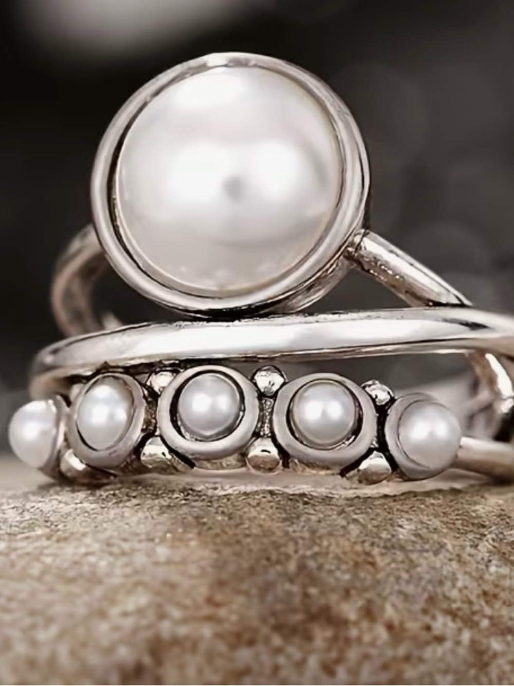 Sterling Silver White Pearl Stackable Ring Set